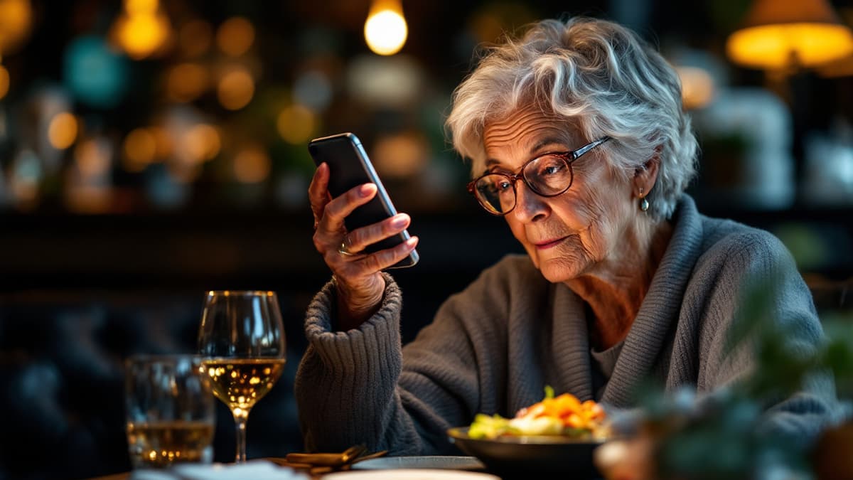Una clienta mayor con gafas sostiene el móvil cerca de la cara en la mesa de un restaurante