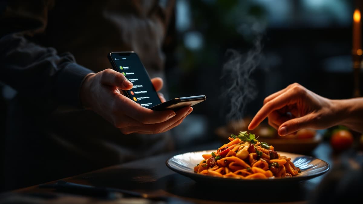 Un camarero muestra en el móvil las etiquetas de alérgenos mientras un cliente señala el plato
