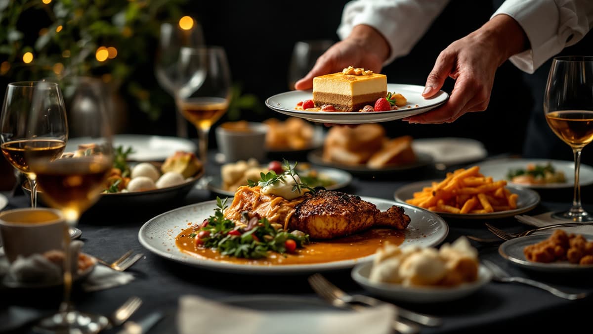 Un camarero coloca un postre en una mesa servida llena de platos y copas de vino