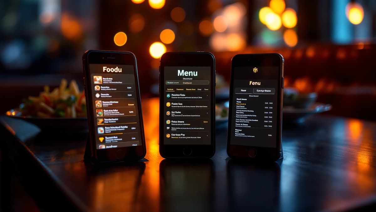 Tres móviles alineados en una barra, cada uno con una app de carta digital distinta