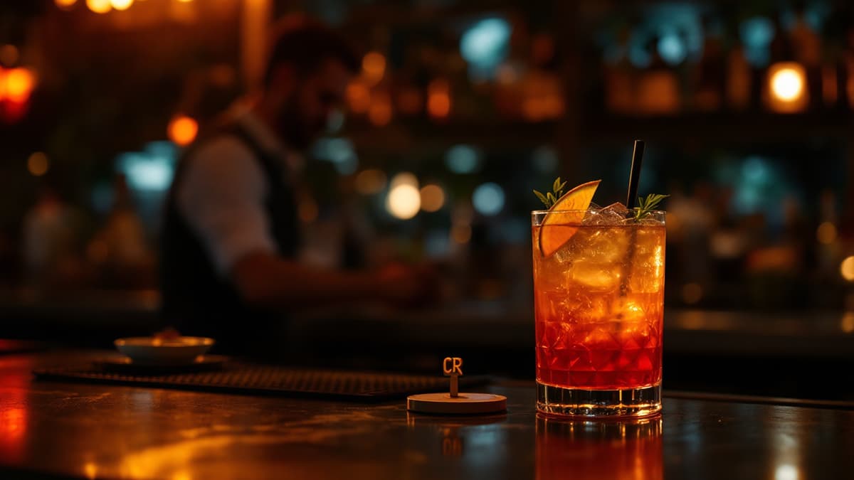 Un cóctel rojo con una rodaja de naranja en la barra, con el bartender detrás
