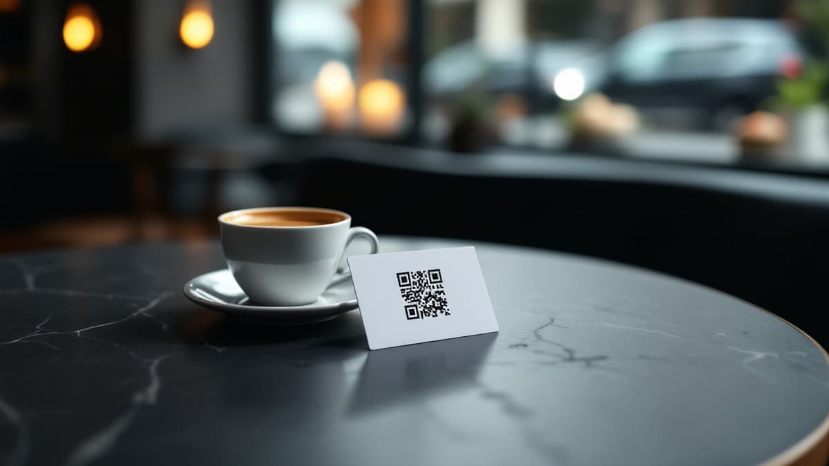 Una taza de café y una tarjeta con código QR en una mesa de mármol junto a la ventana