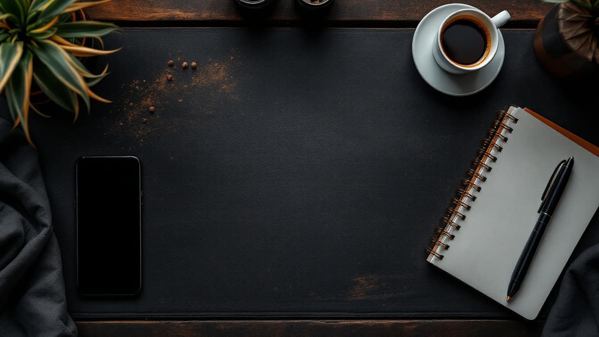 A dark desk from above with a phone, a notebook with a pen and a cup of coffee