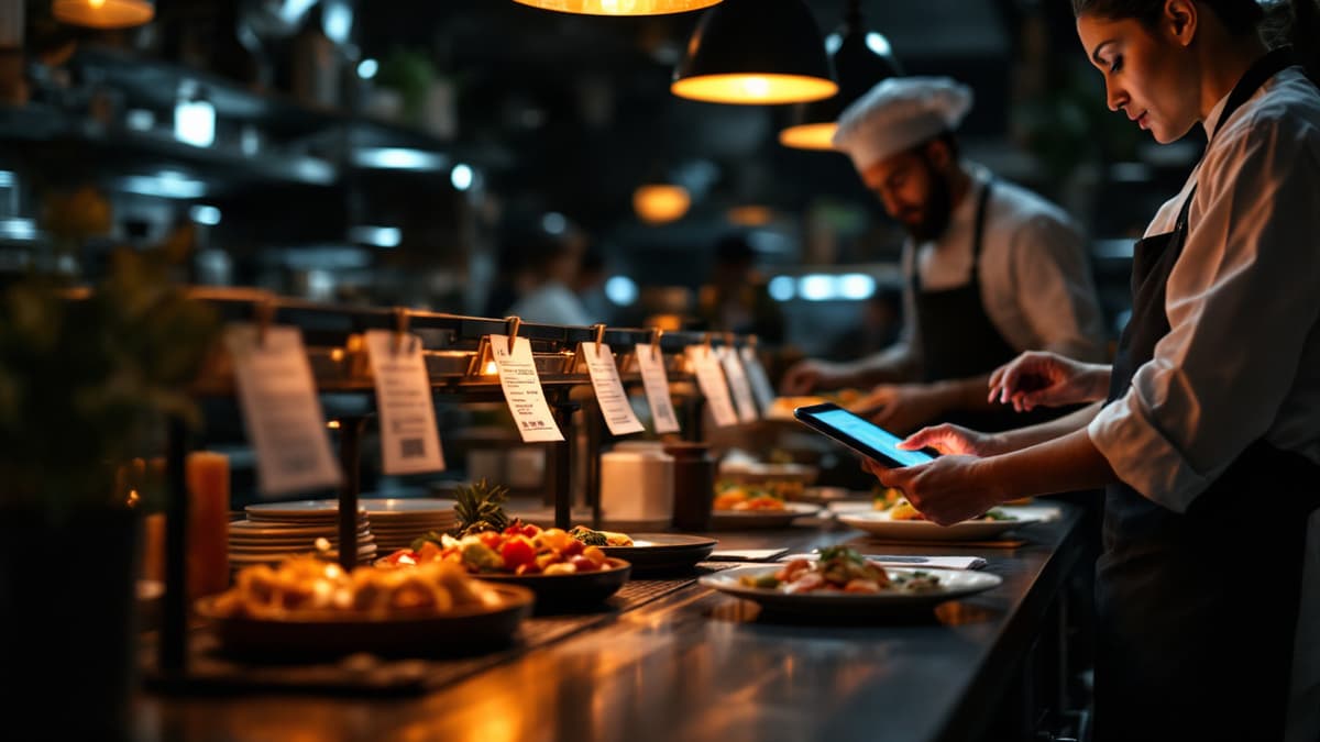 Comandas impresas colgadas en el pase de cocina mientras un cocinero revisa una tablet