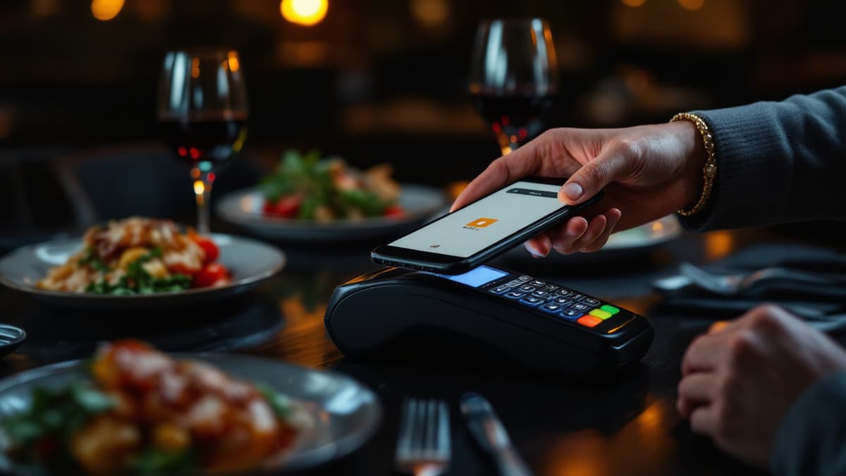 A guest paying at the table by holding a phone to a card terminal beside plated food