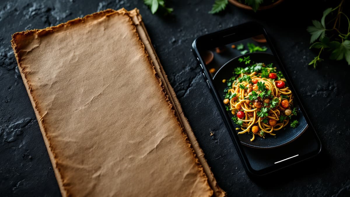 Una hoja de papel antiguo en blanco junto a un móvil que muestra un plato de fideos